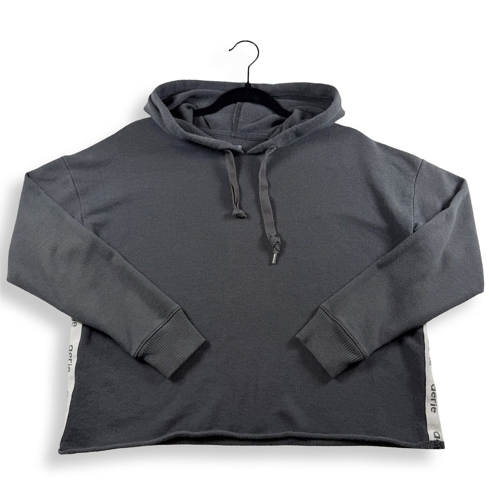 Aerie Womens Charcoal Gray Logo Tape Raw Hem Pullover Hoodie Sweatshirt Size M